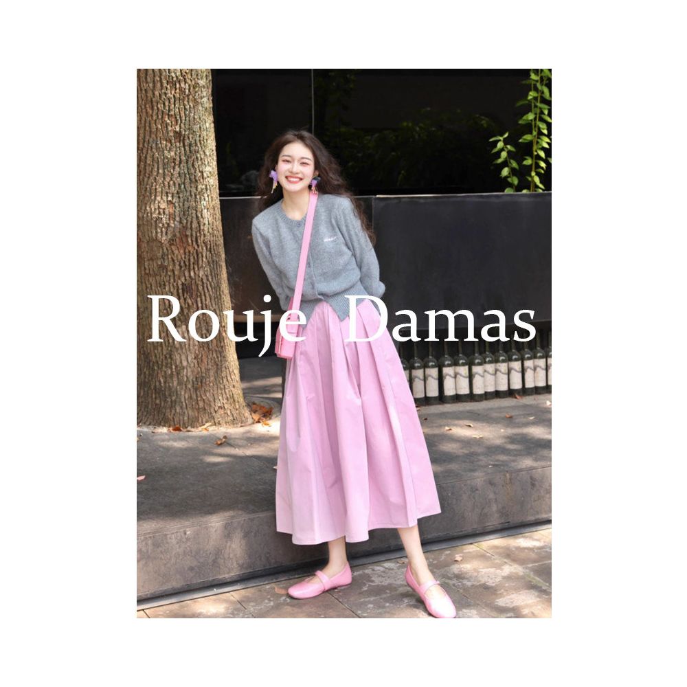 Rouje Damas pink high waist slimming pleated skirt with feminine temperament commuting mid length A line skirt umbrella skirt image 0