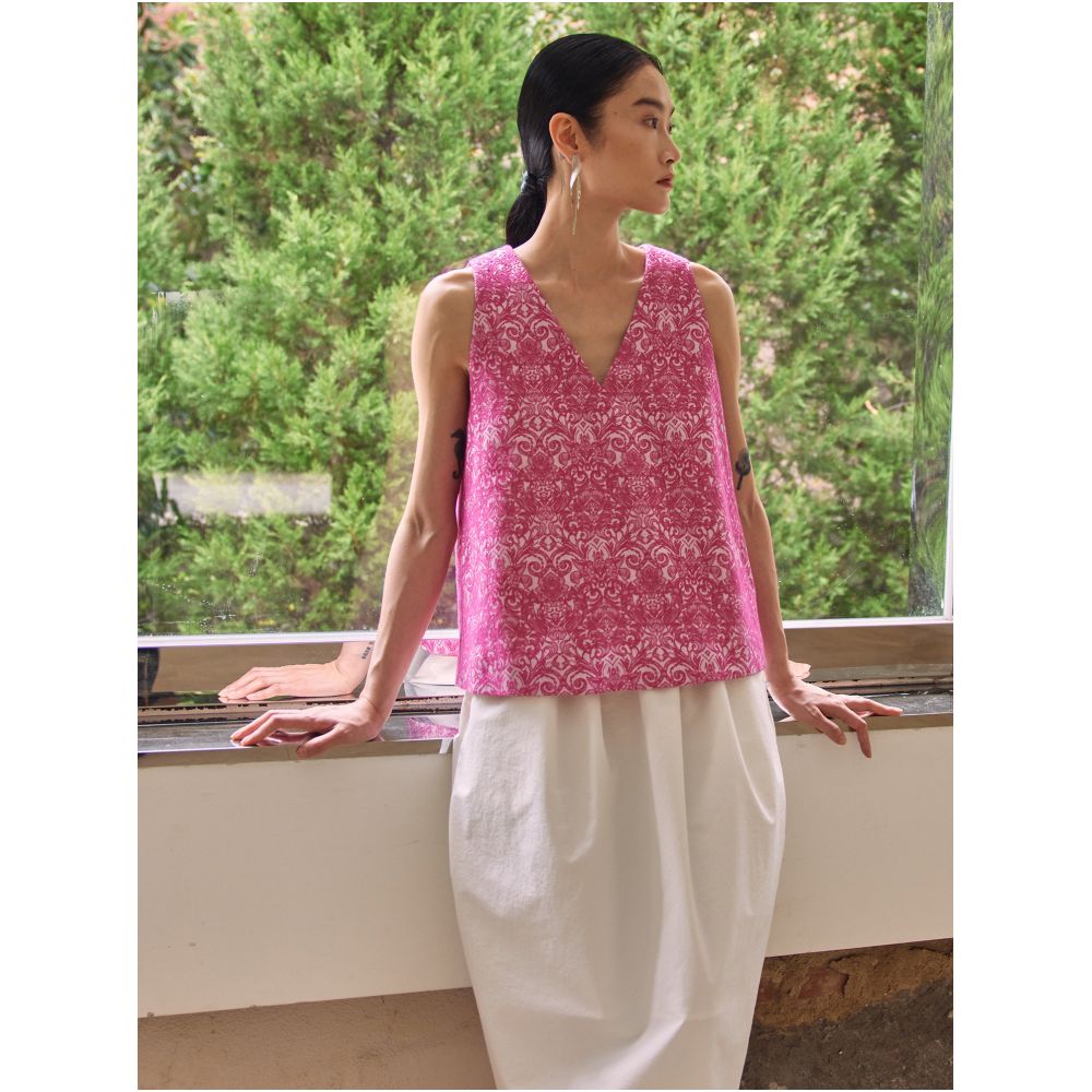 PaleBlueDot Summer Fashion Designer V neck Jacquard Rose Red A line Tank Top Vest image 0