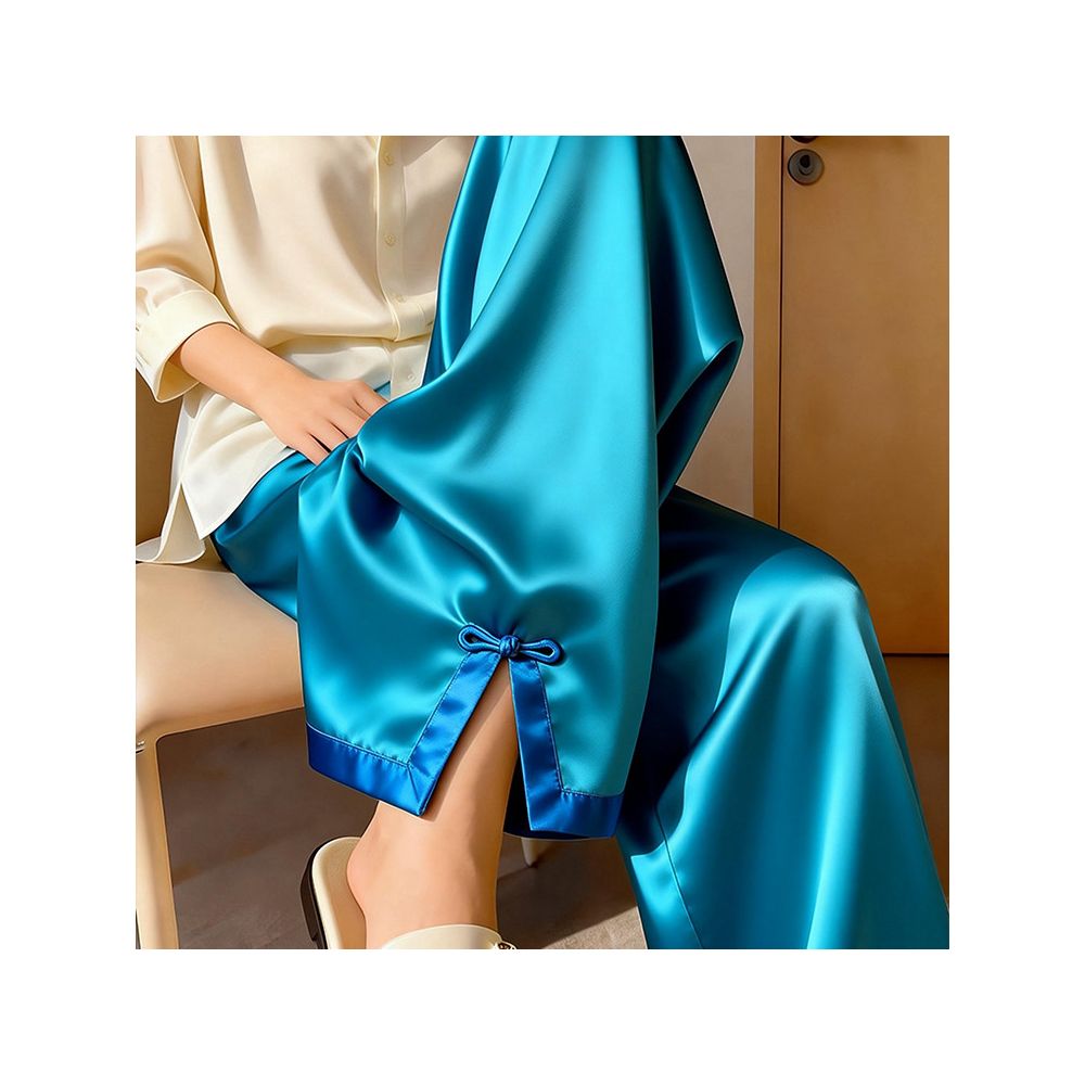 Shopping mall cabinet withdrawal 2026 spring new fashionable casual lazy lake blue acetate satin plate buckle open leg wide leg pants image 1