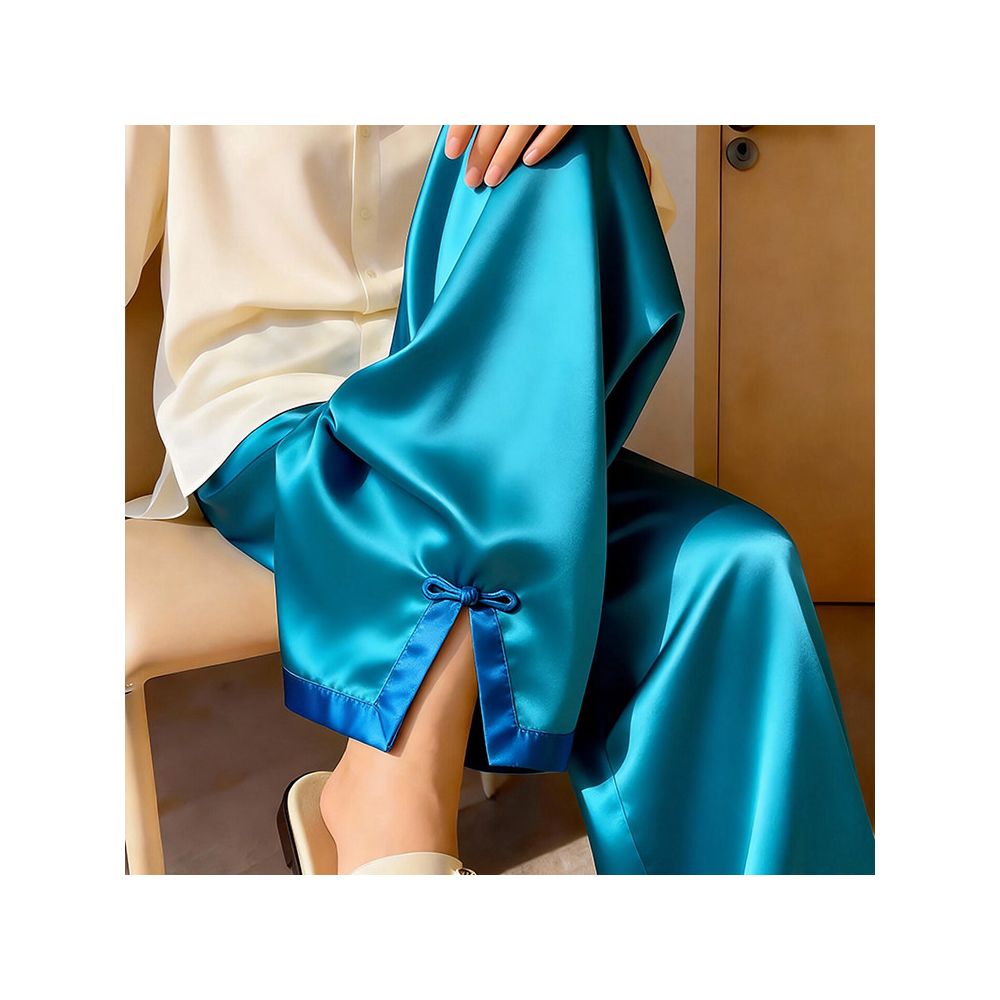 Shopping mall cabinet withdrawal 2026 spring new fashionable casual lazy lake blue acetate satin plate buckle open leg wide leg pants image 2