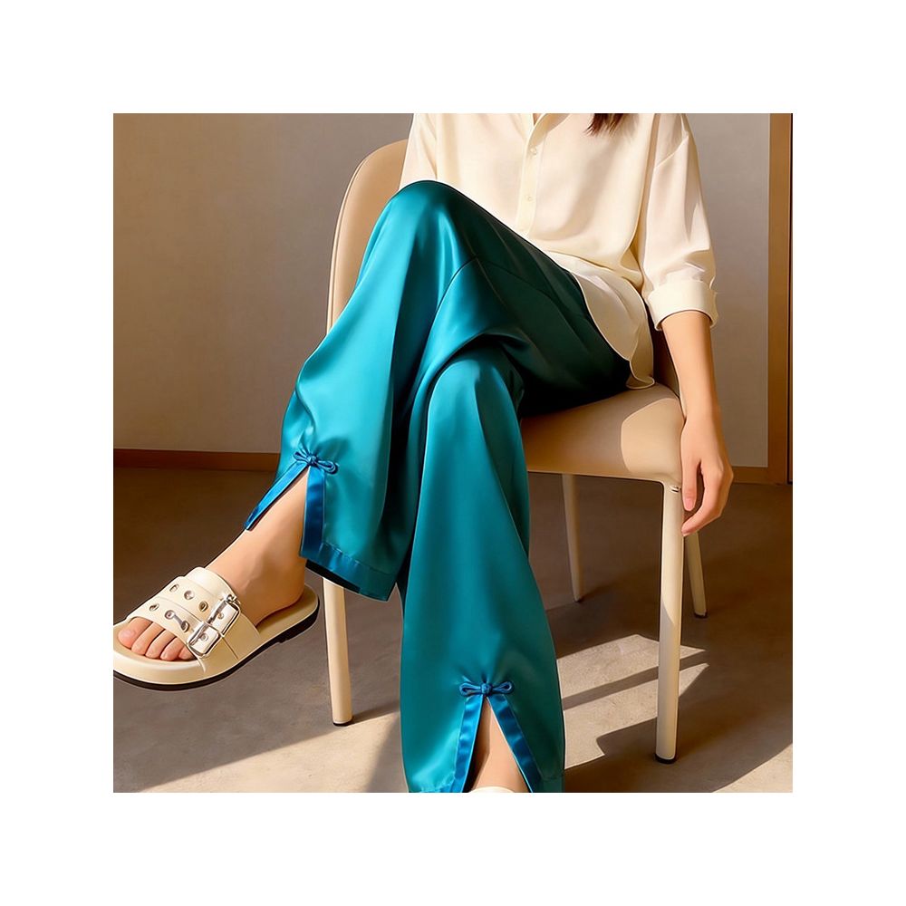 Shopping mall cabinet withdrawal 2026 spring new fashionable casual lazy lake blue acetate satin plate buckle open leg wide leg pants image 3