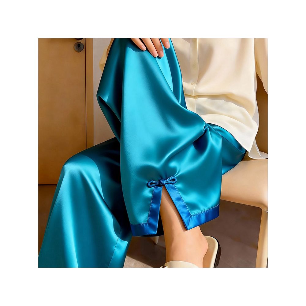 Shopping mall cabinet withdrawal 2026 spring new fashionable casual lazy lake blue acetate satin plate buckle open leg wide leg pants image 5