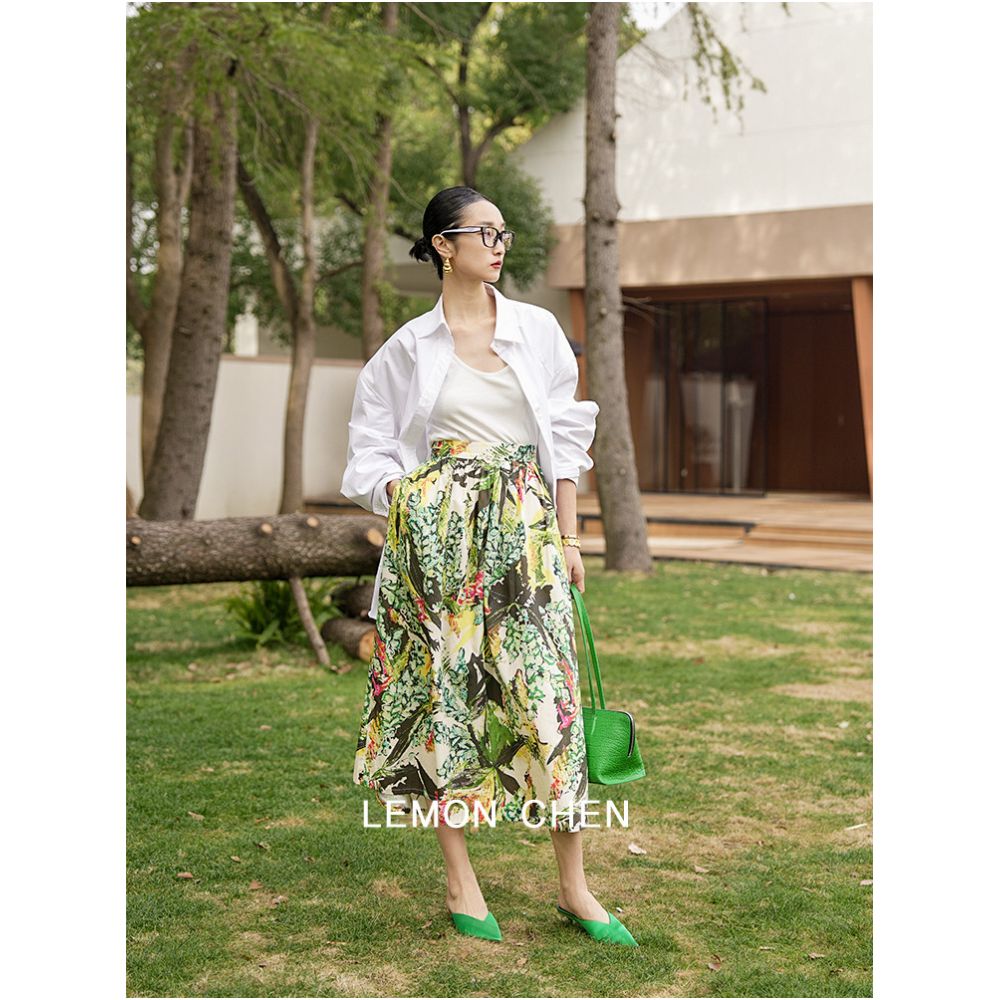 LemonChen Spring Shining Furious Promotion Green Jungle Printed High Count Cotton Comfortable and Elegant Medium length Umbrella Skirt Half Skirt image 0