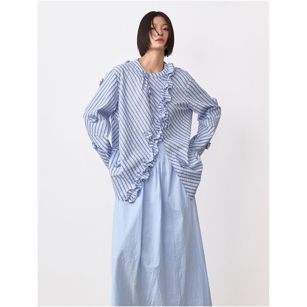 Luobian Flower Blossom Original Designer s Three Dimensional Flower Shirt Stand up Collar Black Fungal Edge Slant Collar Striped Shirt Top image 2