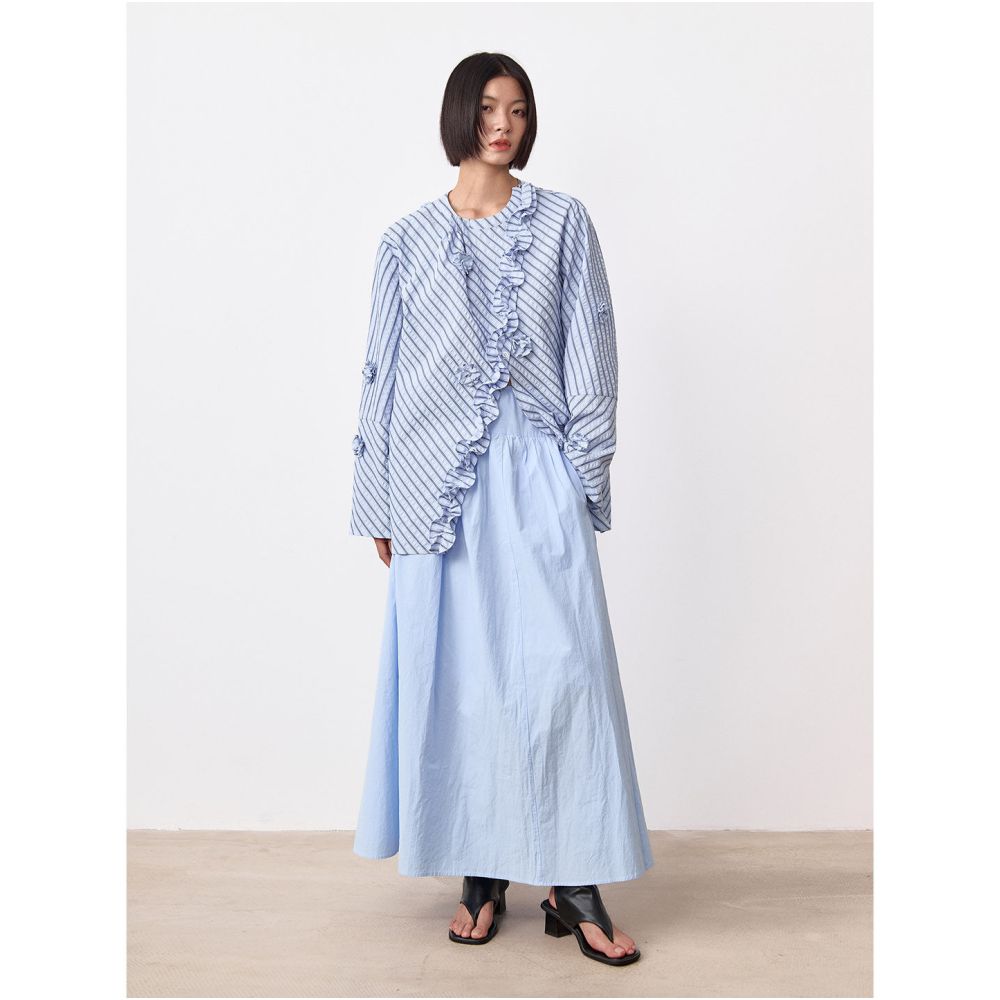 Luobian Flower Blossom Original Designer s Three Dimensional Flower Shirt Stand up Collar Black Fungal Edge Slant Collar Striped Shirt Top image 3