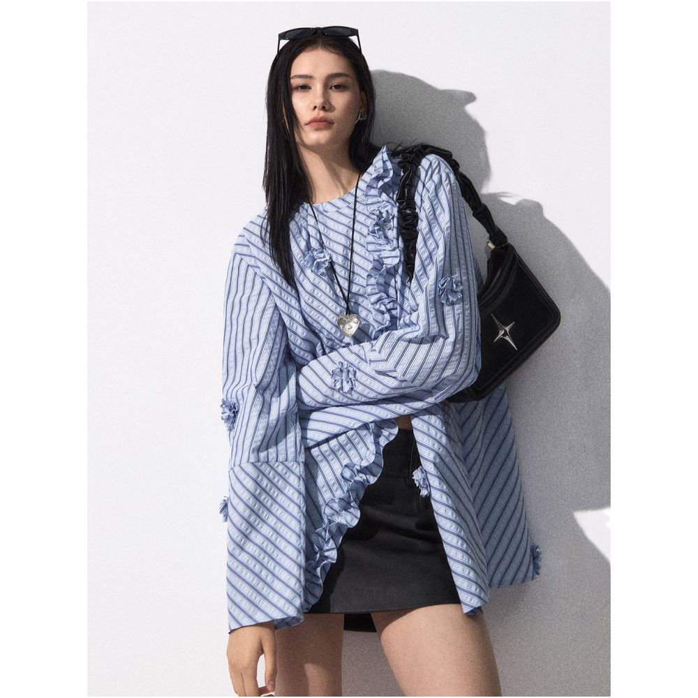 Luobian Flower Blossom Original Designer s Three Dimensional Flower Shirt Stand up Collar Black Fungal Edge Slant Collar Striped Shirt Top image 0