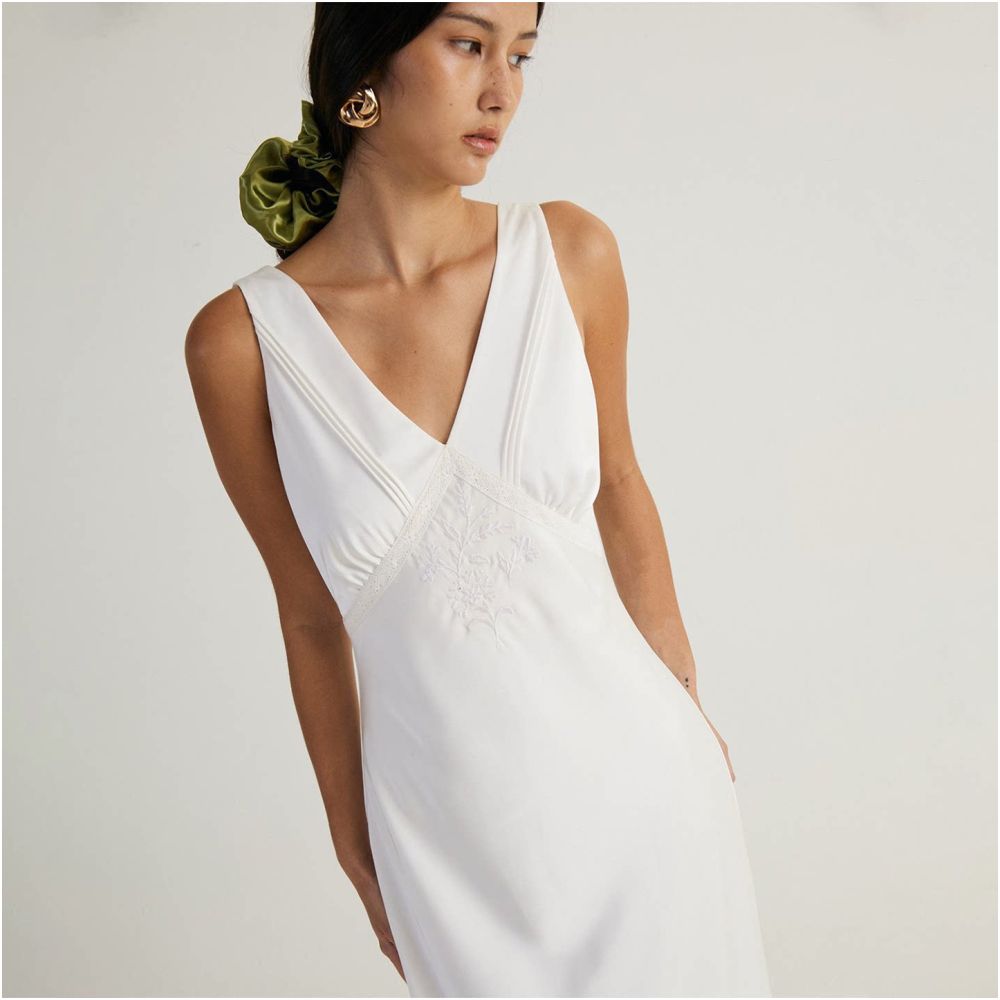OtherSTORE Swan Lake French Embroidered V neck White Dress for Women High Grade Acetate Satin Skirt image 0