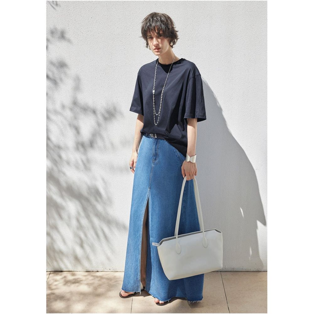 MADEINAM Cool Tencel Denim High Waist Slimming Retro Hairy Edge Design Front Split Denim Skirt image 4