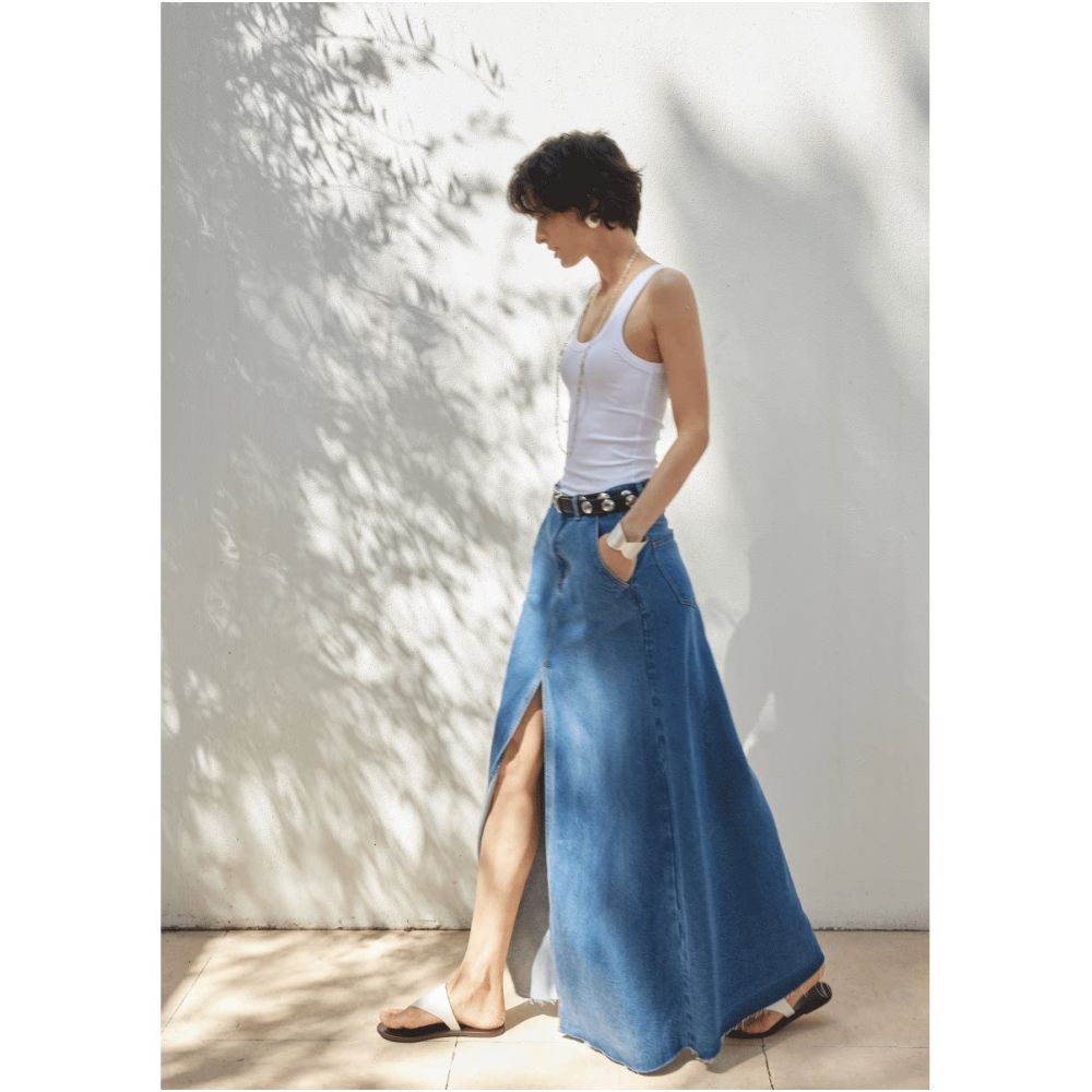 MADEINAM Cool Tencel Denim High Waist Slimming Retro Hairy Edge Design Front Split Denim Skirt image 0