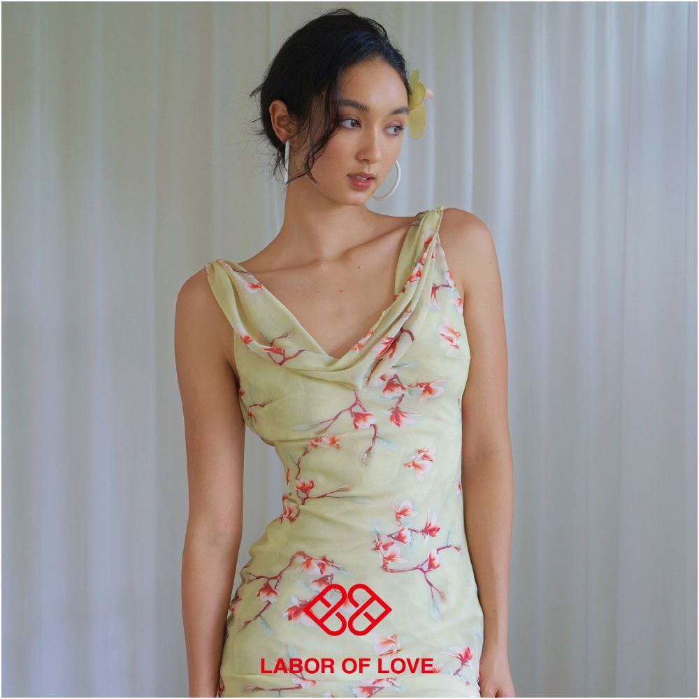 Labor of Love Pear Blossom Poetry Original Design Light Yellow Fragmented Flower Swinging Collar Slant Cut Chinese French Dress image 0