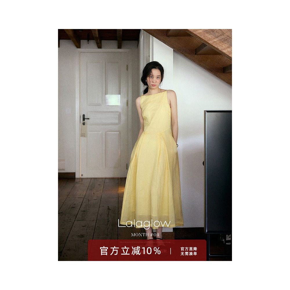Lalaglow in stock breathable French style waist slimming dress with full ramie between breaths long skirt for women image 1