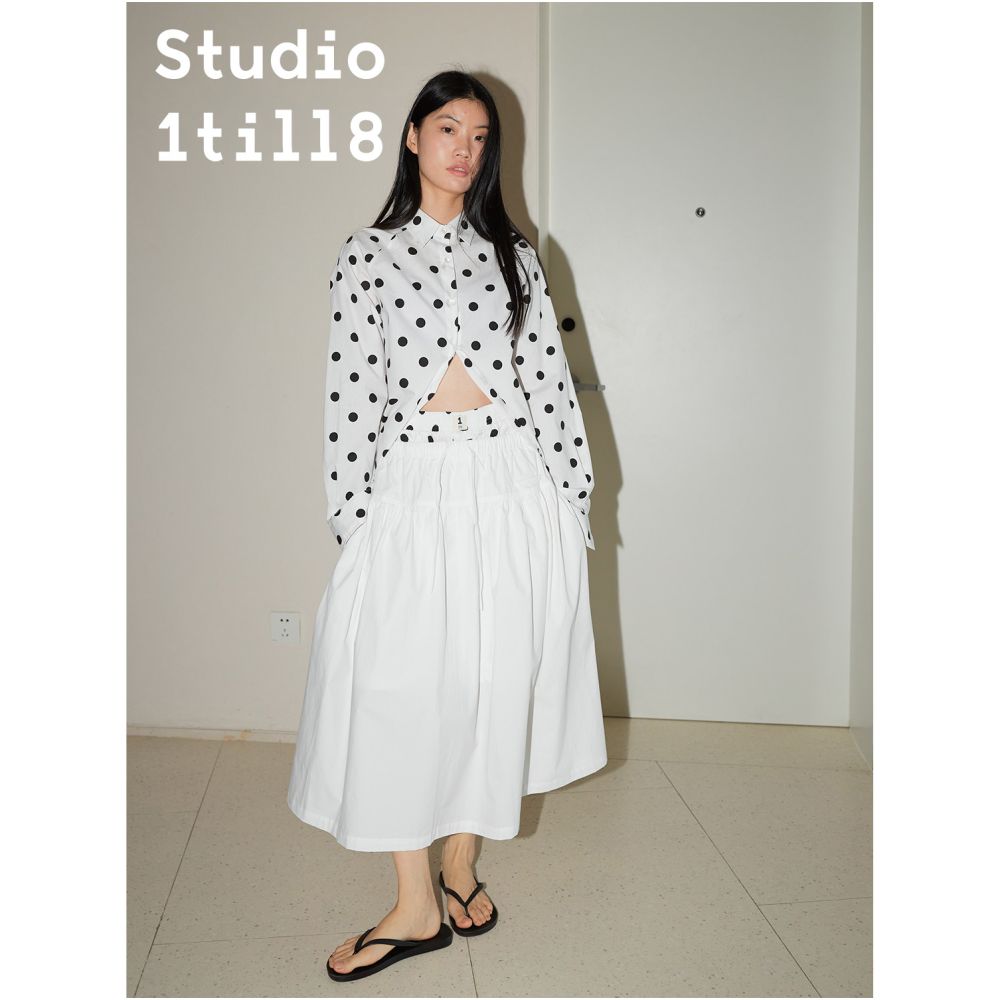 Studio1til8 spring summer casual loose A line elastic waist drawstring mid length skirt plaid white image 4