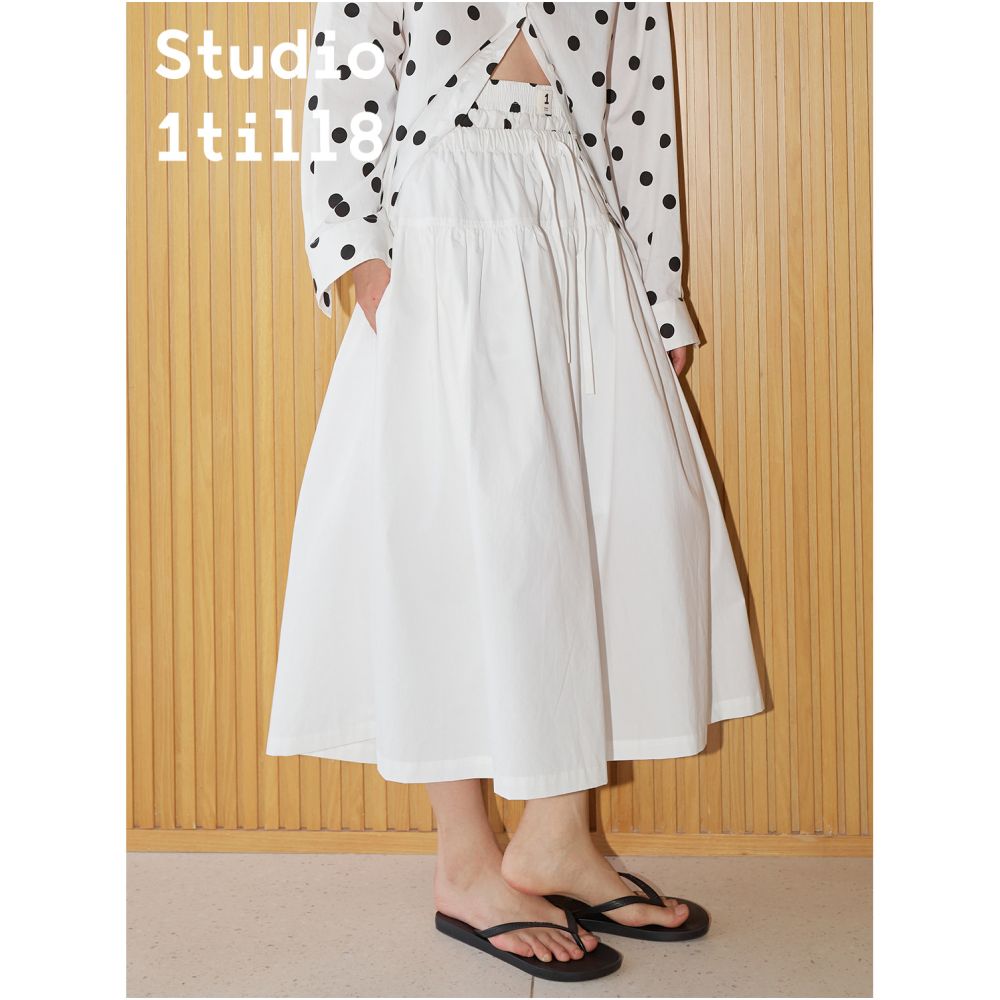 Studio1til8 spring summer casual loose A line elastic waist drawstring mid length skirt plaid white image 5