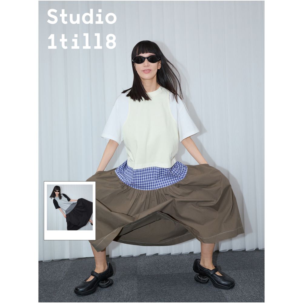Studio1till8 blue and white checkered black and gray checkered patchwork fake two loose long short sleeved dresses image 1