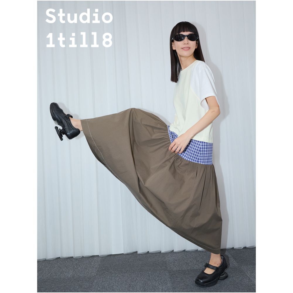 Studio1till8 blue and white checkered black and gray checkered patchwork fake two loose long short sleeved dresses image 3