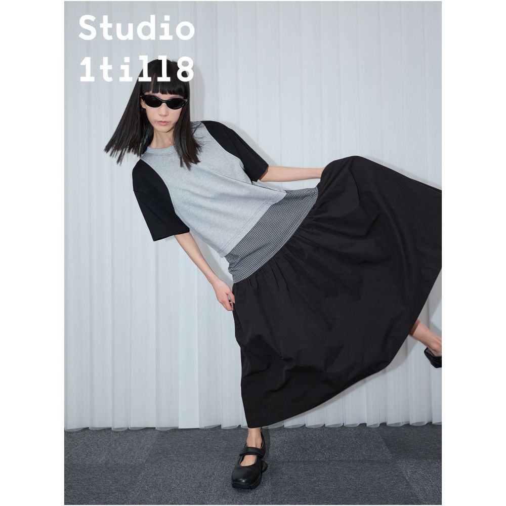 Studio1till8 blue and white checkered black and gray checkered patchwork fake two loose long short sleeved dresses image 5