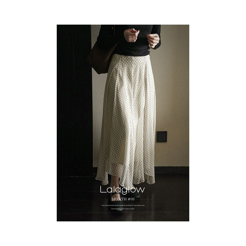 Lalaglow in the rain Paris French temperament irregular drape print skirt slimming long skirt for women early spring image 1