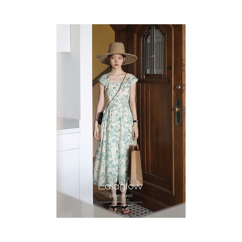Lalaglow Midsummer Story Anti Wrinkle French Printed Square Neck Dress in Stock Stylish and Slimming Long Dress image 1