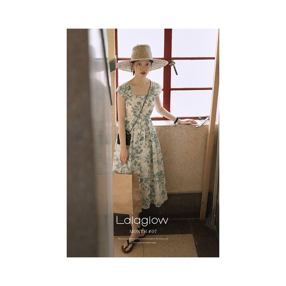 Lalaglow Midsummer Story Anti Wrinkle French Printed Square Neck Dress in Stock Stylish and Slimming Long Dress image 2