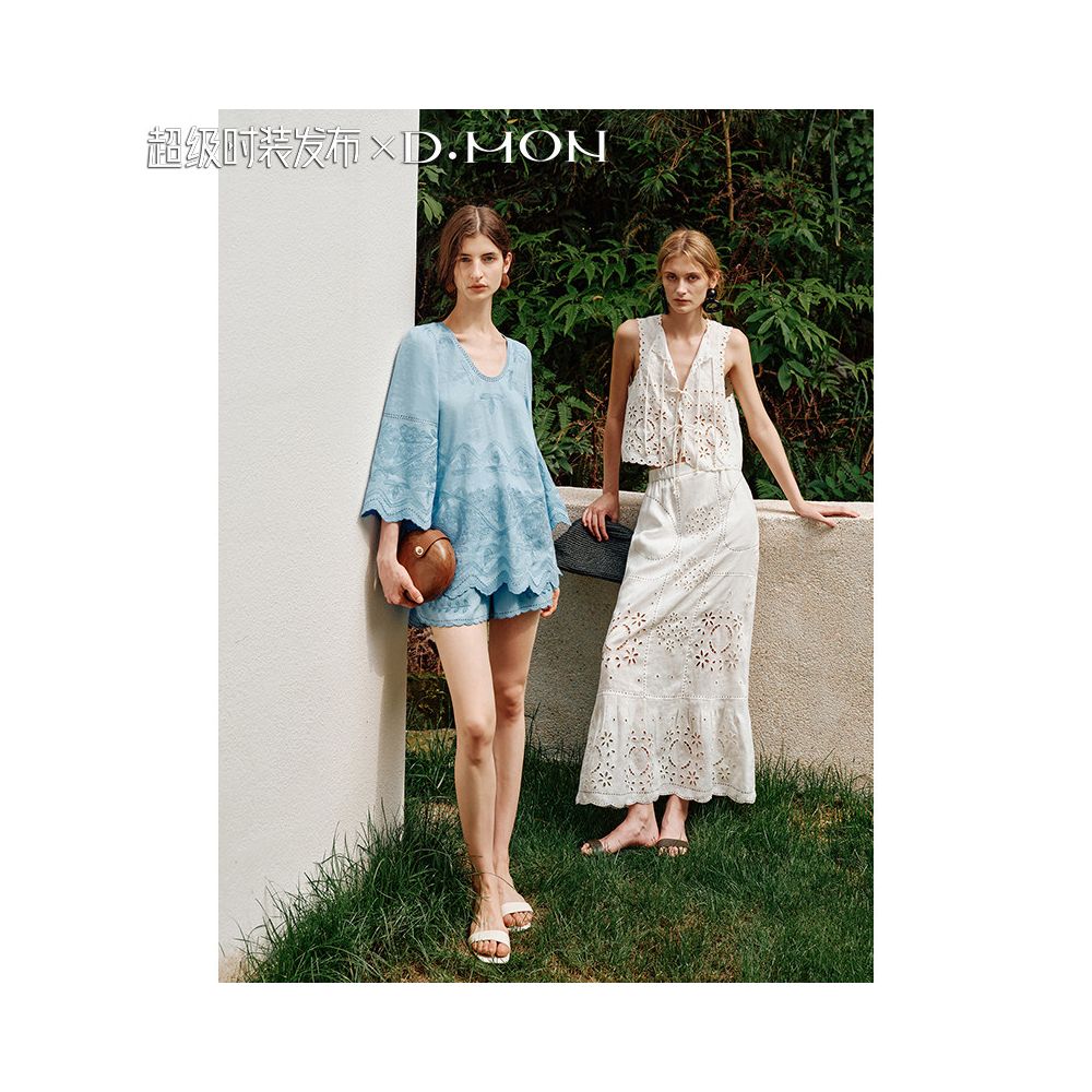 Super Fashion DMON Summer Garden French Holiday Hollow Embroidery Deep V Loose Small Shirt Shorts image 2