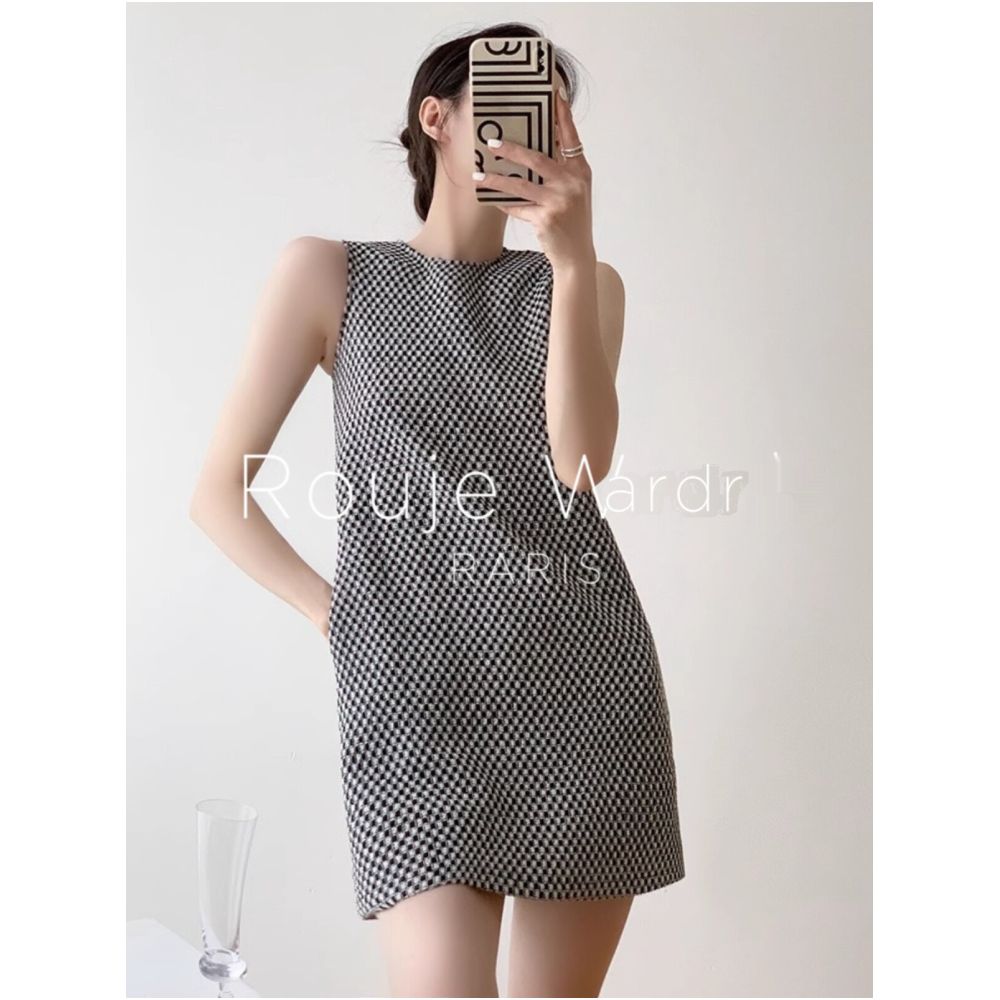 Rouje Wardr French Retro Black and White Check Suspender Dress for Women Spring Summer Short Sleeveless Vest Dress image 1