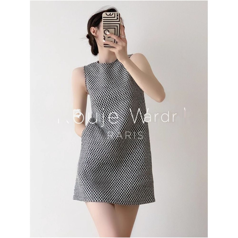 Rouje Wardr French Retro Black and White Check Suspender Dress for Women Spring Summer Short Sleeveless Vest Dress image 3