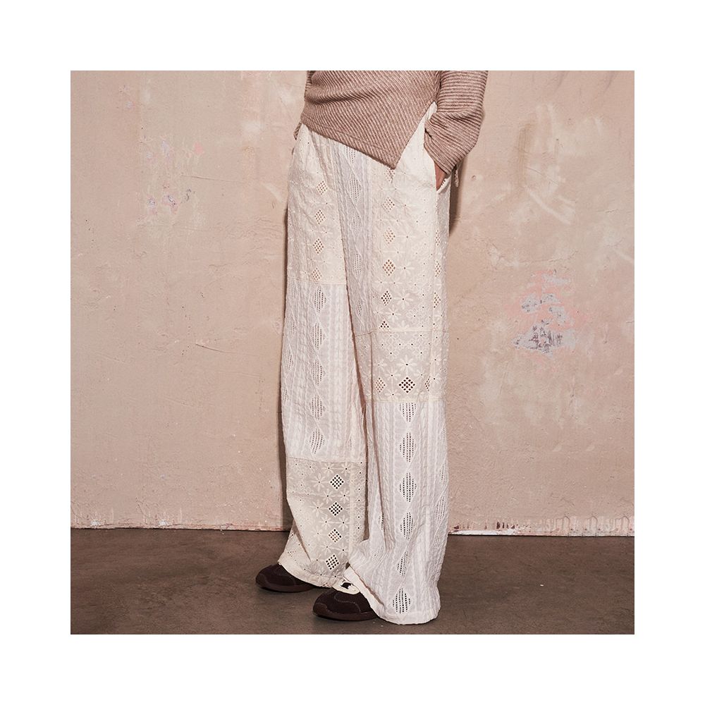 SAME FLOW original niche design white lace straight leg high waisted casual pants hollowed out wide leg pants for women image 0