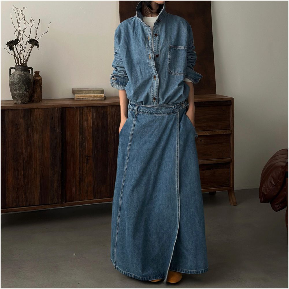 2026 new blue denim suit women s long sleeved shirt top one piece skirt relaxed two piece set for spring image 1