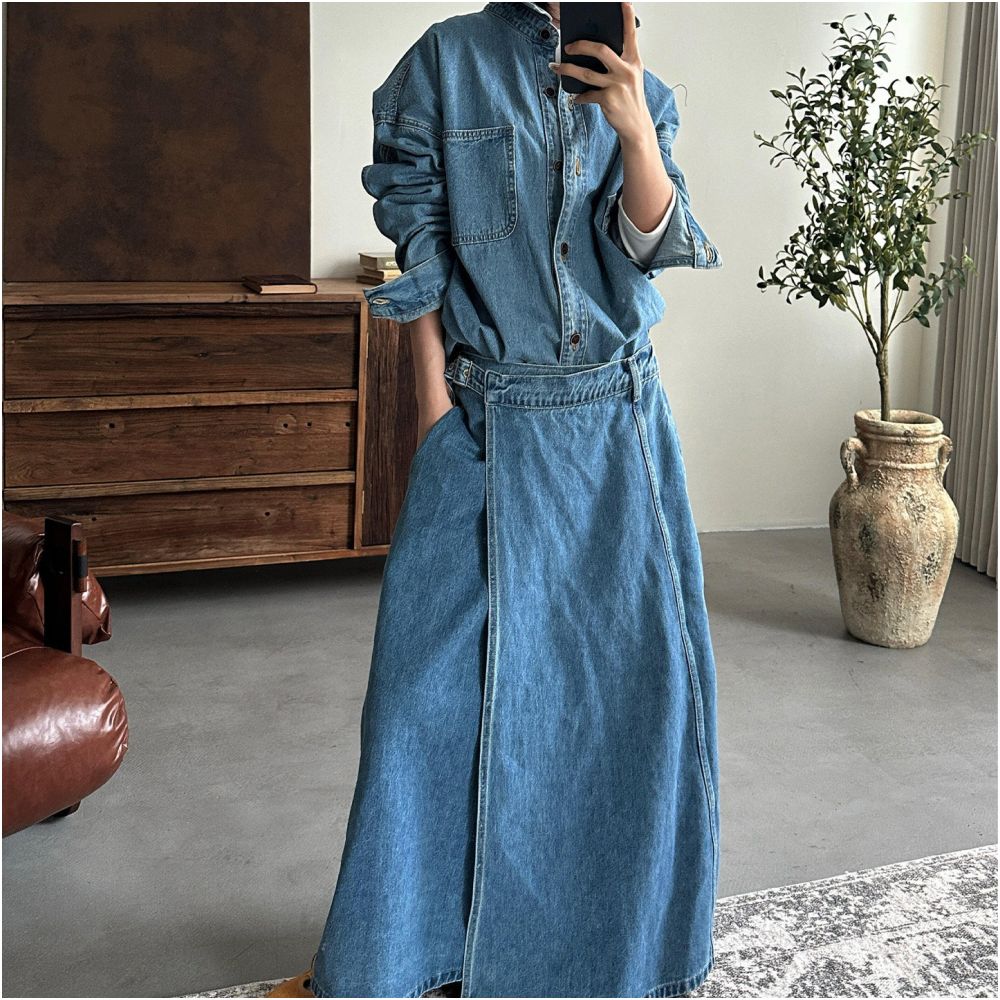 2026 new blue denim suit women s long sleeved shirt top one piece skirt relaxed two piece set for spring image 3