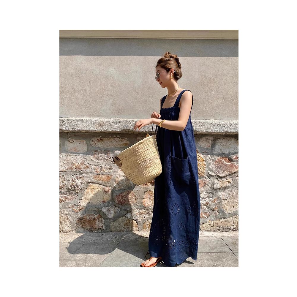 X Rose beach vacation style navy blue embroidered dress new high end sense niche loose long skirt for children image 2