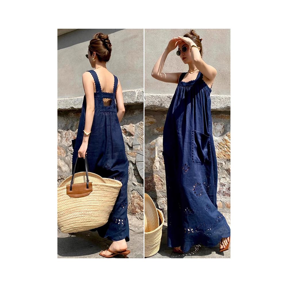X Rose beach vacation style navy blue embroidered dress new high end sense niche loose long skirt for children image 0