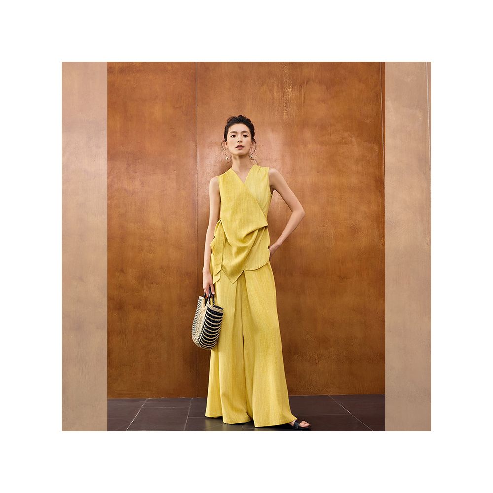 Lightweight city traveler linen Tencel set yellow blending stir fried color simple V neck two piece outfit image 0