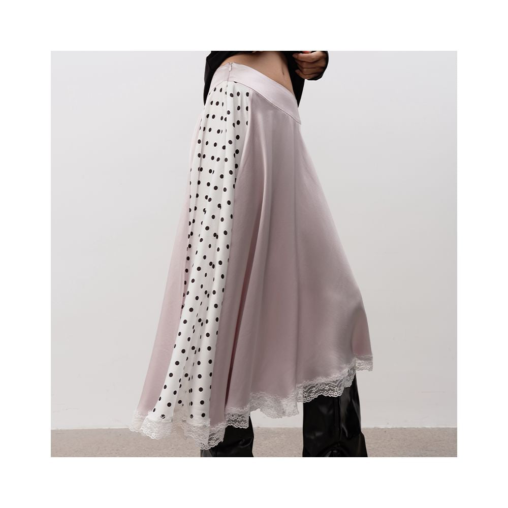 JCAESAR WOMEN polka dot patchwork lace long skirt satin fabric side double zipper reversible waist head image 0
