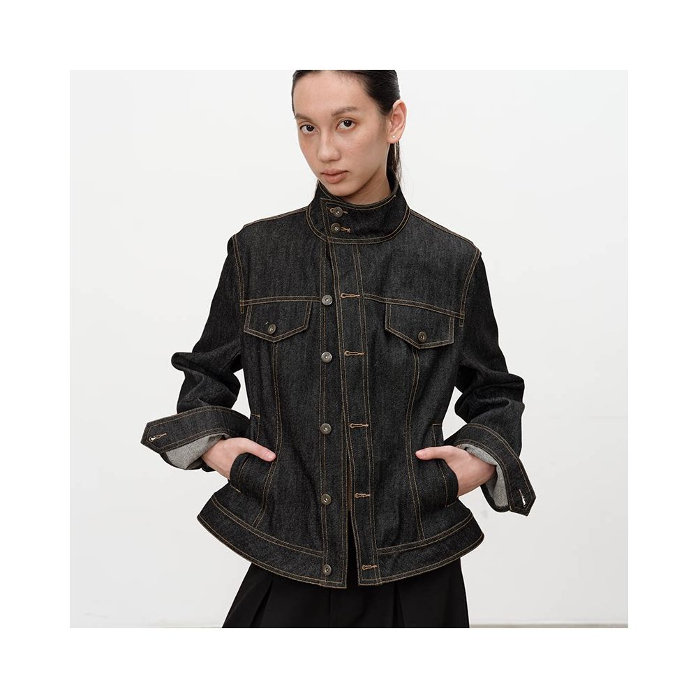 JCAESAR WOMEN diagonal placket waist cinched original cowhide jacket 12oz Danning wide and stylish denim jacket autumn image 2