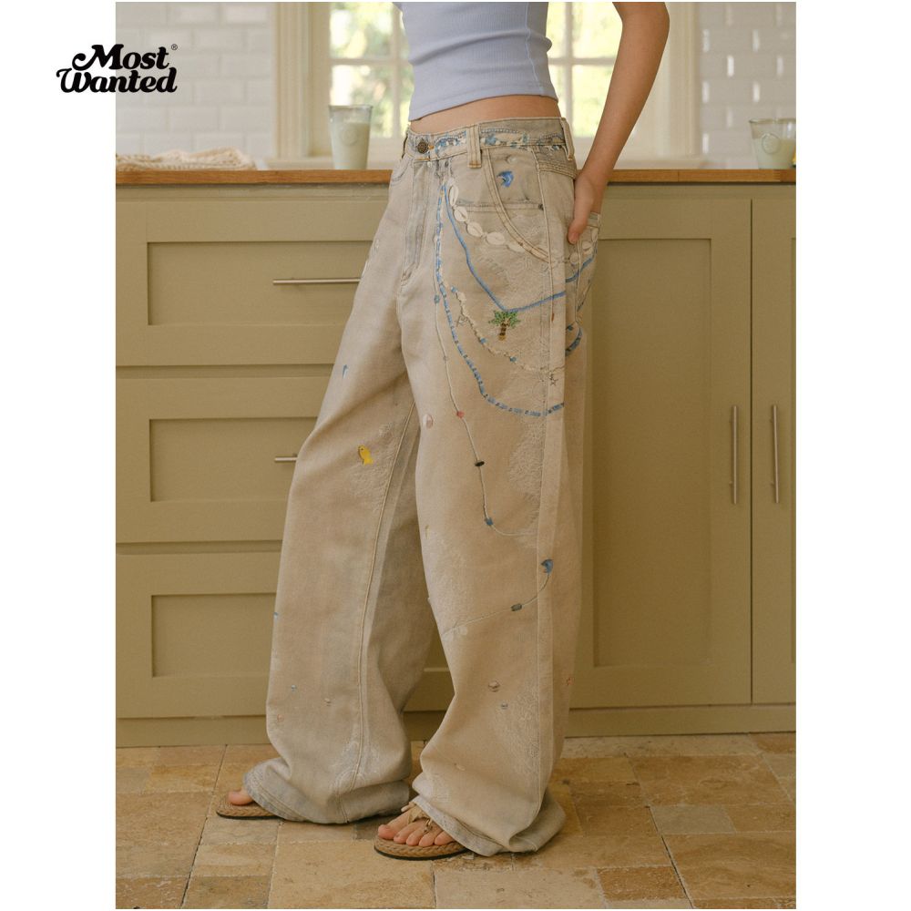 Mostwande pearl lace cold transfer printed jeans versatile holiday style ocean pants chain 2026 spring image 1