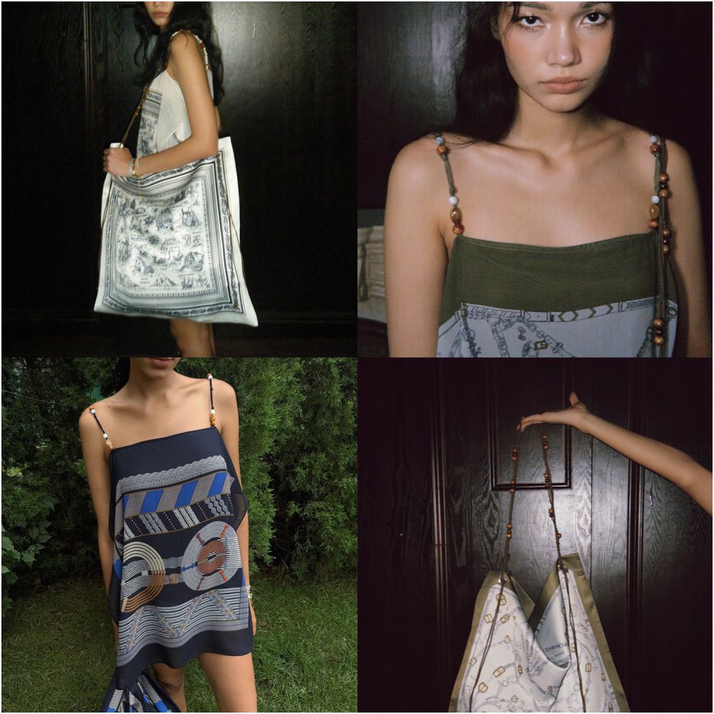 Bettychow Betty s private dress silk scarf retro camisole vest single shoulder shopping bag blue green beige image 1
