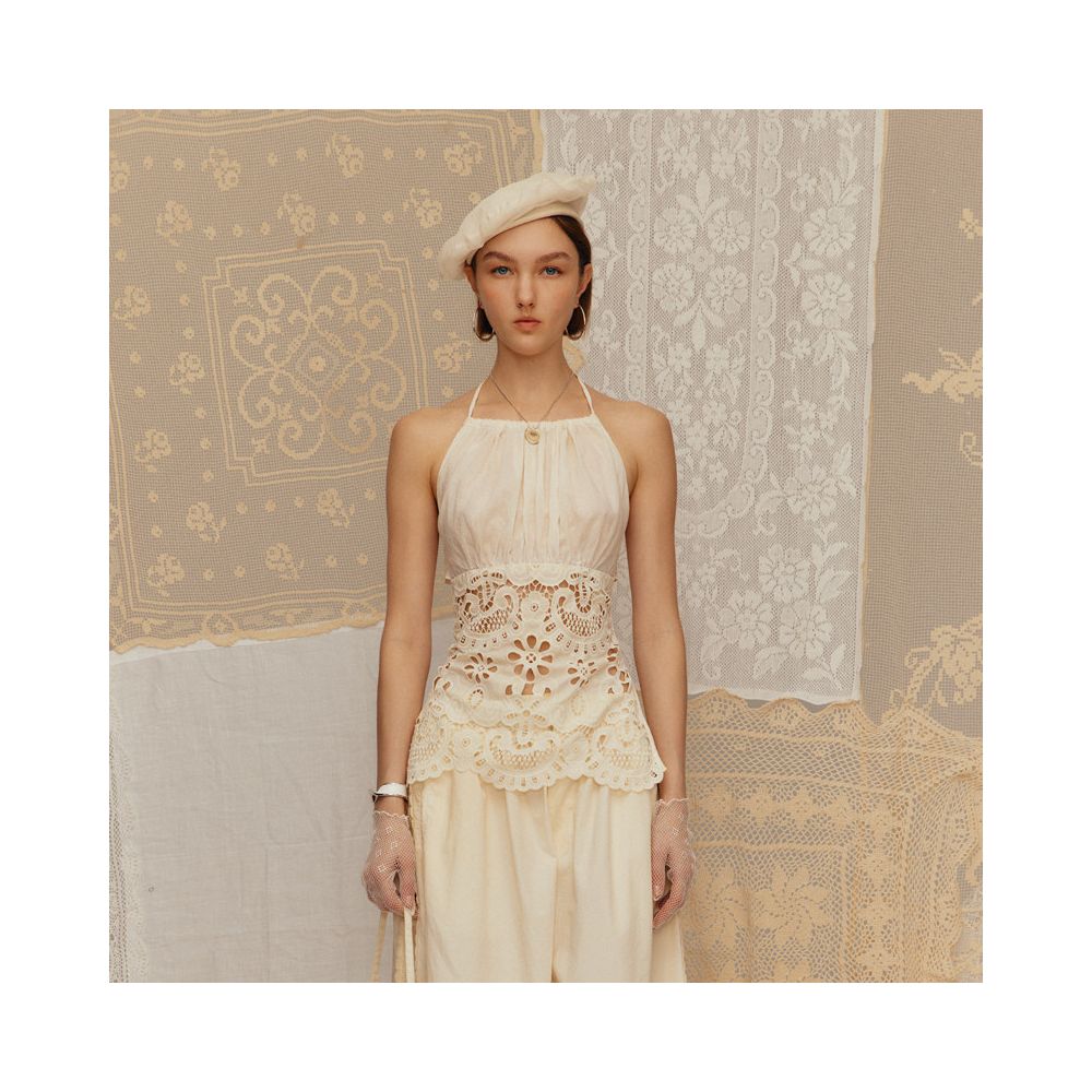 Deplumer Mist Moon White Hollow Embroidered Hanging Neck Tank Top Strap Pants Children s 25 Summer New Collection image 1