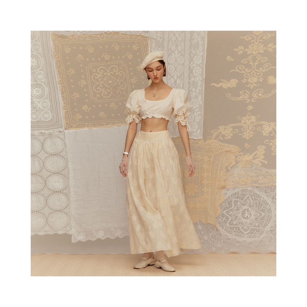 Chinese style silk embroidered half skirt Deplumer misty moon white 25 summer new product cotton mulberry silk embroidered floral lace skirt image 4