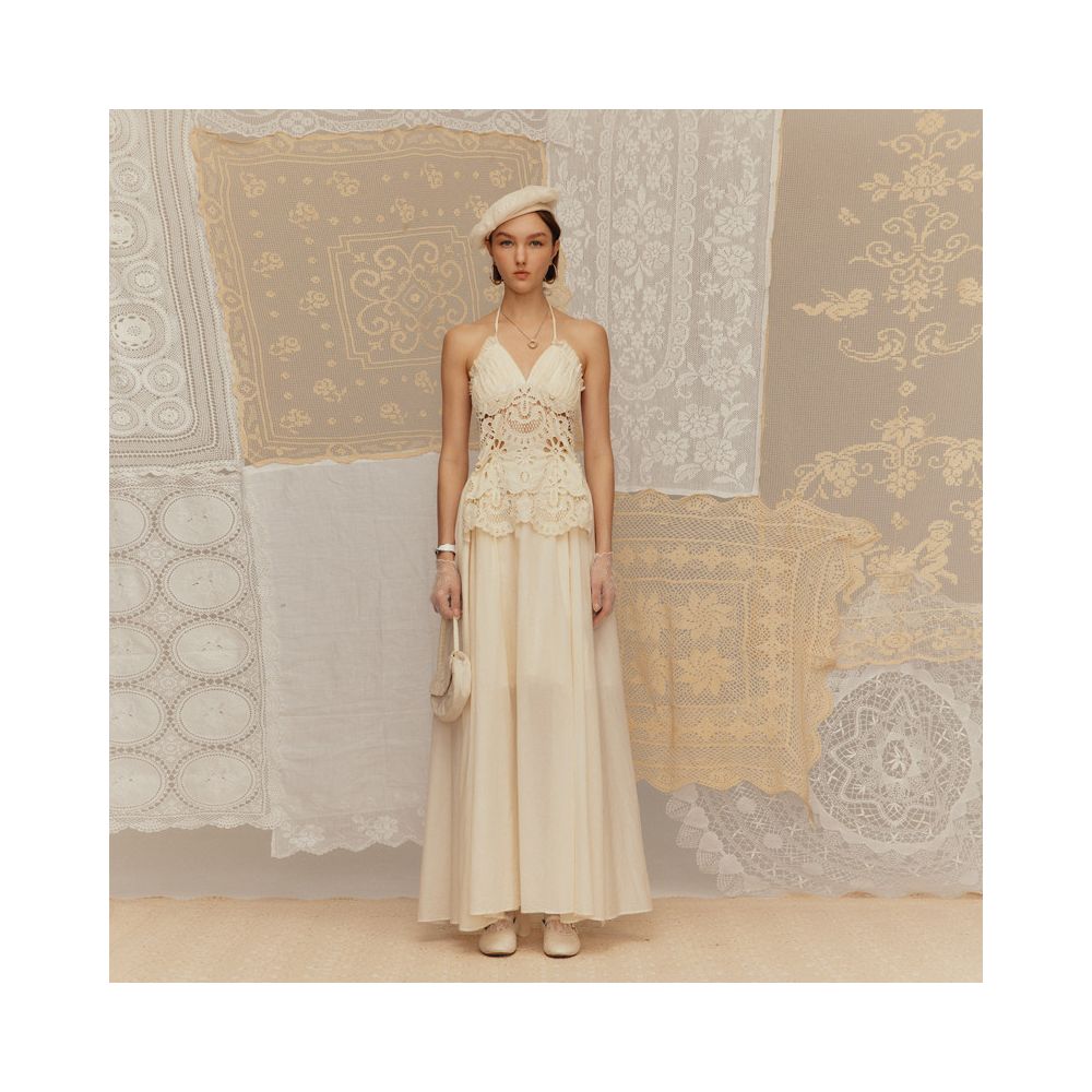 Deplumer2025 Summer New Product French Holiday Hanging Neck Hollow Embroidery Strap Rice Yellow White Dress image 0