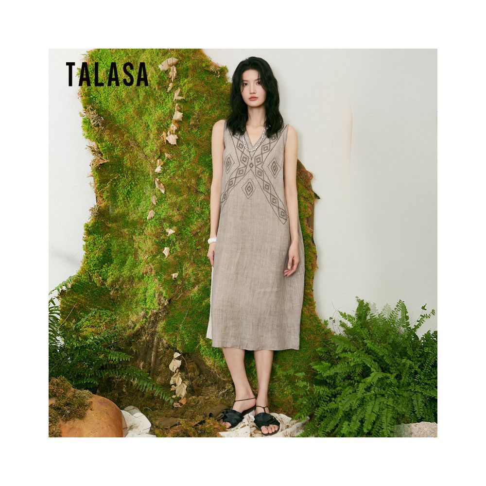 TALASA Ramie Sleeveless Dress Summer 2026 New Embroidered Design V neck Loose and Slim Retro Long Dress image 0