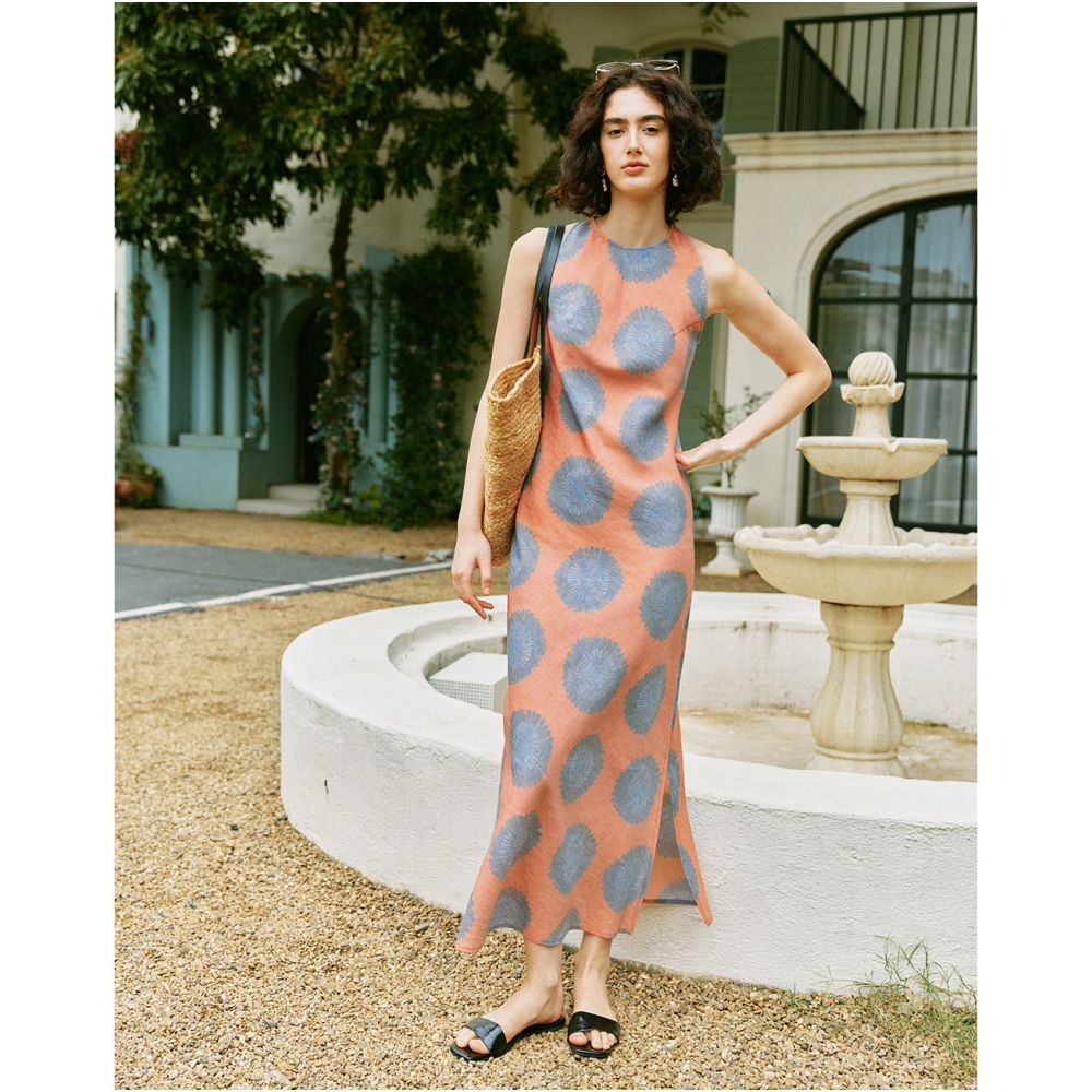 Word of mouth version Tencel linen sleeveless slim fit and slimming oblique cut slit improved cheongsam printed dress image 1