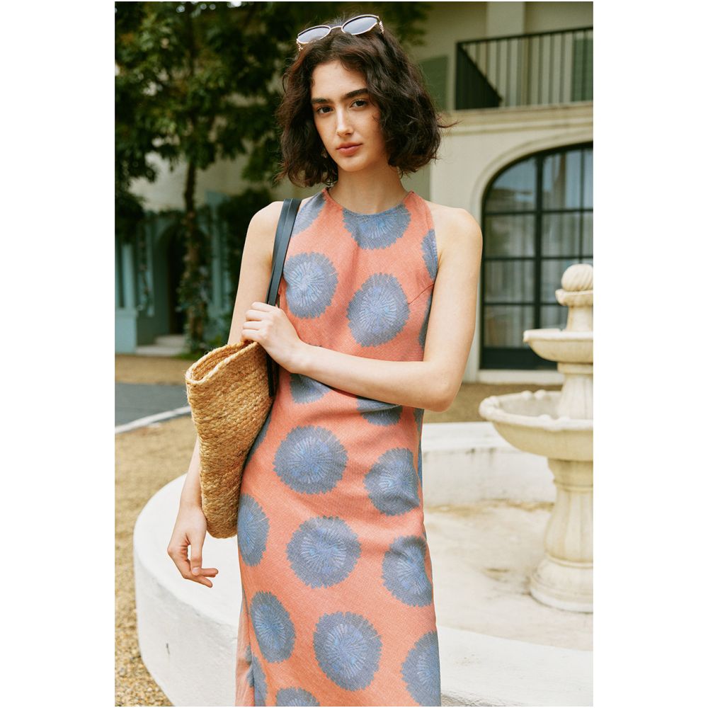 Word of mouth version Tencel linen sleeveless slim fit and slimming oblique cut slit improved cheongsam printed dress image 4
