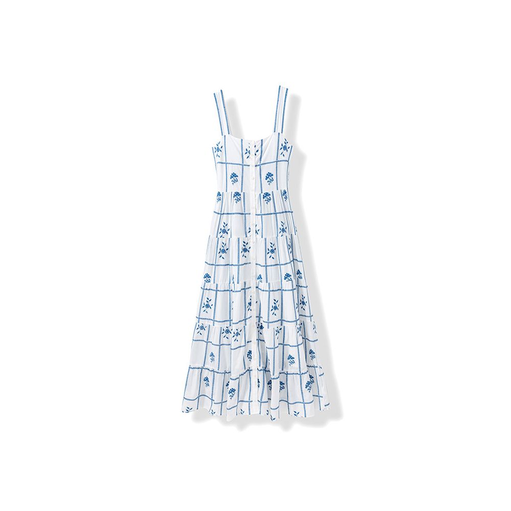 Konggu Echo Heavy Industry Embroidered French Holiday Style Wide Shoulder Strap Square Collar Grid Embroidered Strap Dress image 5