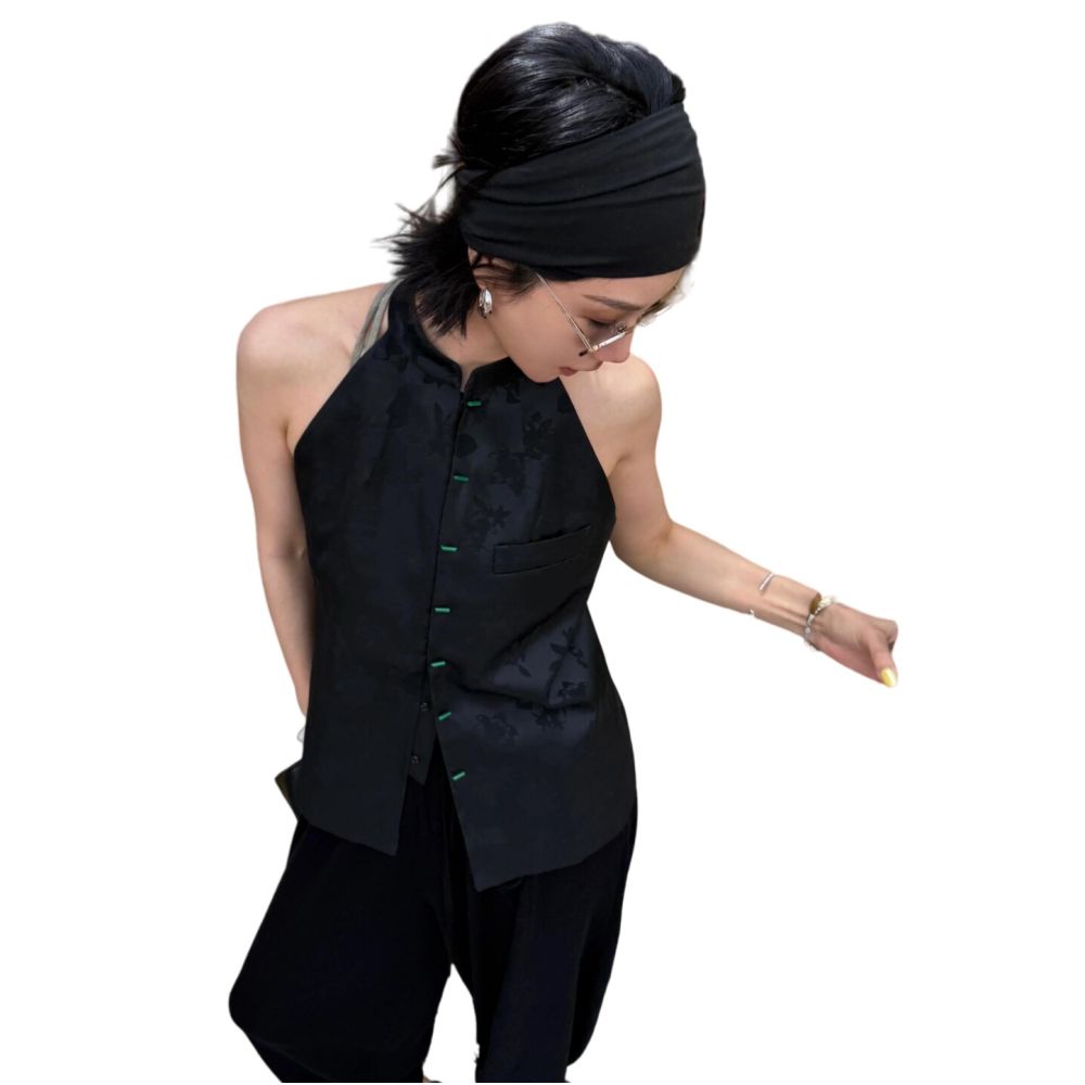 Improved new Chinese style high neck buckle cheongsam top for women in summer unique and non collision style Zen inspired jacquard shoulder digging small shirt image 5