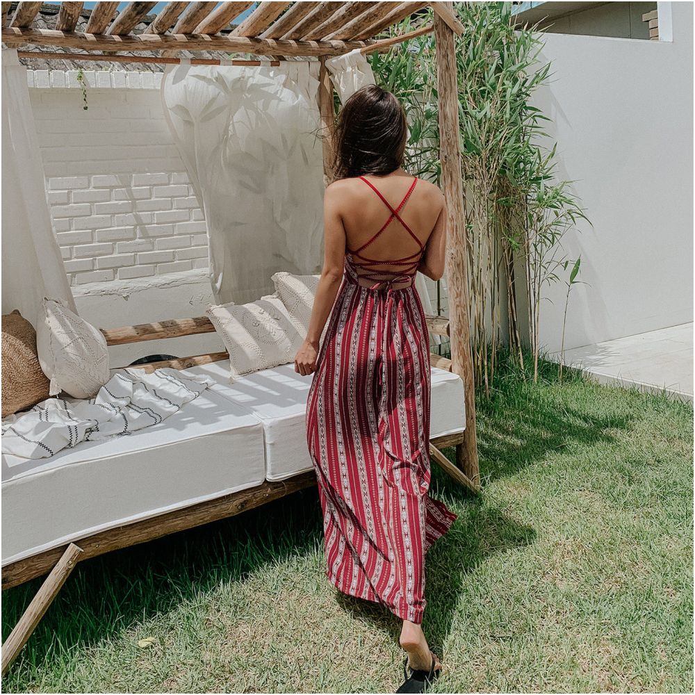 Ethnic style printed vacation dress for women beach tourism backless beach dress back strap slit over knee long dress image 2