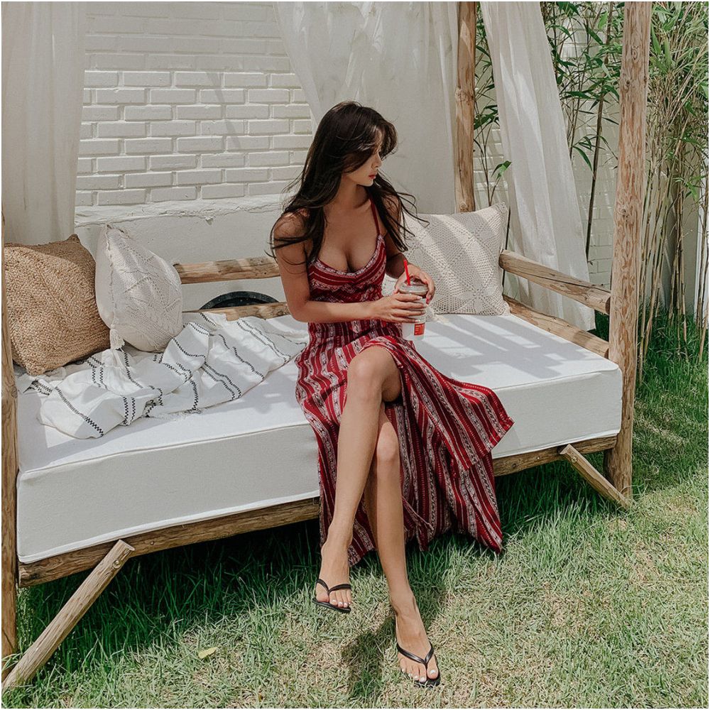 Ethnic style printed vacation dress for women beach tourism backless beach dress back strap slit over knee long dress image 4