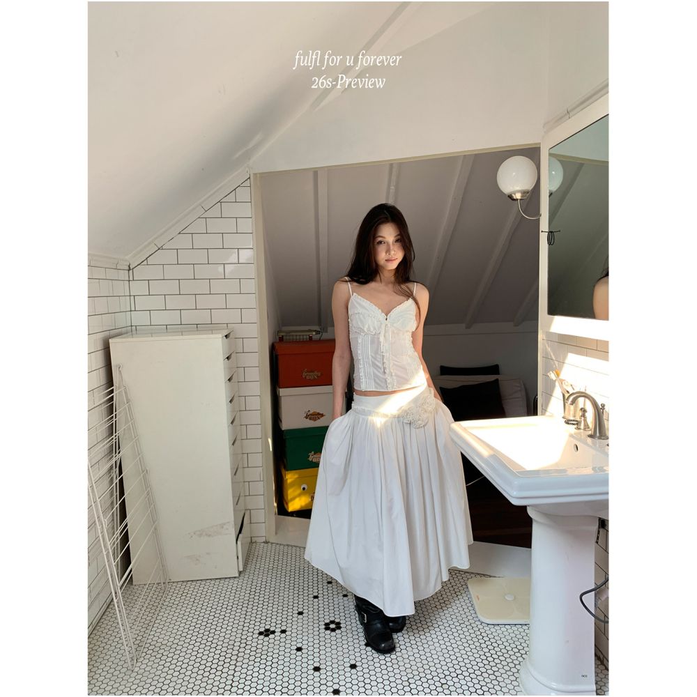 FFU set women s spring new style French fungus edge waist strap standing flower large swing umbrella skirt two piece set image 2