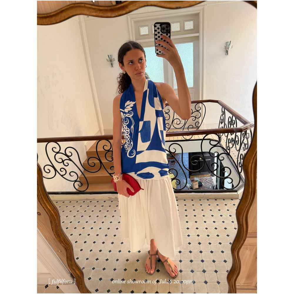 FFU Women s 2025 Summer New Fashion High end Tank Top Abstract Printed Irregular Silk Scarf Hanging Neck Top image 1