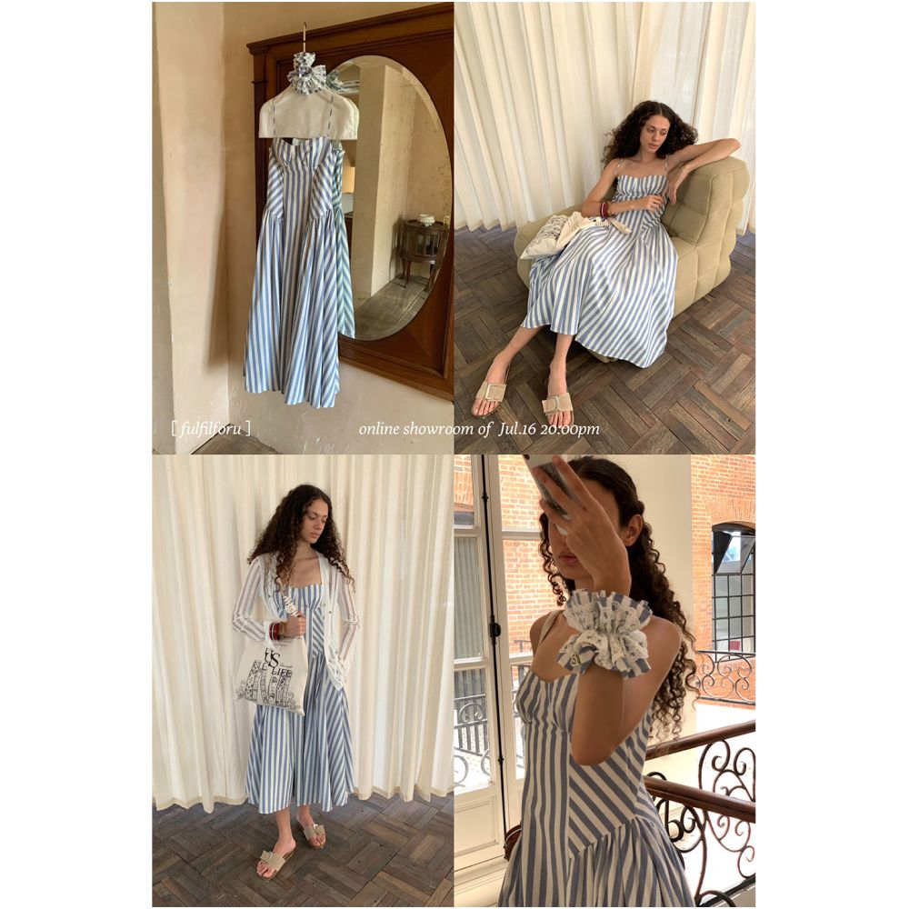 FFU Skirt Children s 2025 New Cotton Long Dress Irregular Splicing Blue and White Stripes Waist Pulling Dress image 3