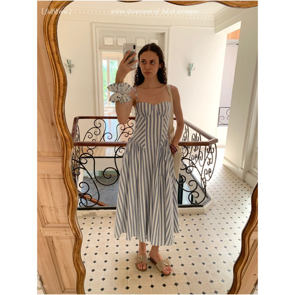 FFU Skirt Children s 2025 New Cotton Long Dress Irregular Splicing Blue and White Stripes Waist Pulling Dress image 0